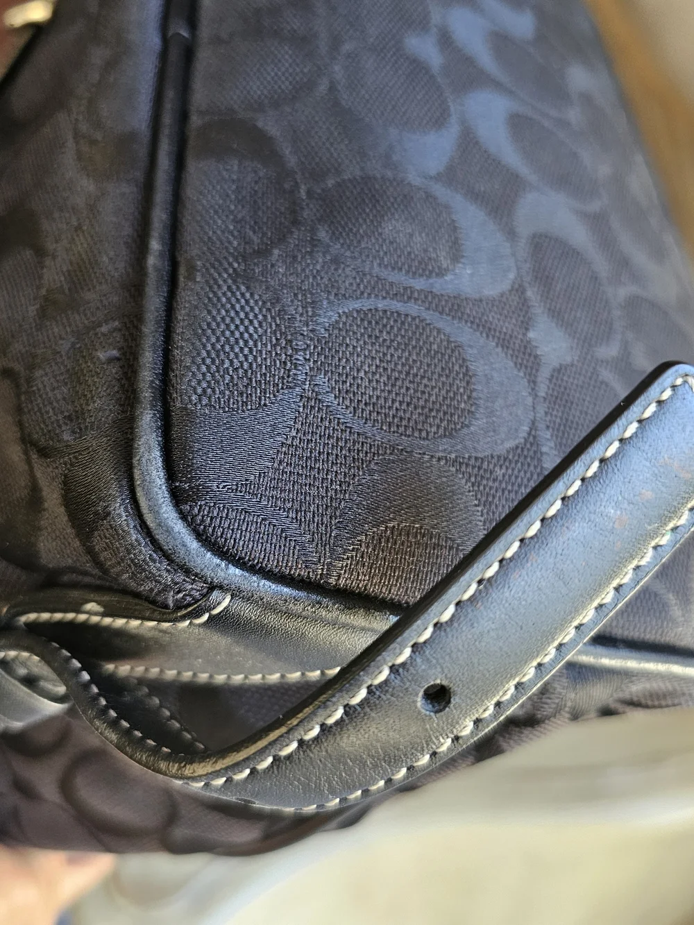 Vintage Coach Signature Canvas Drawstring Backpack Black Leather Trim Monogram